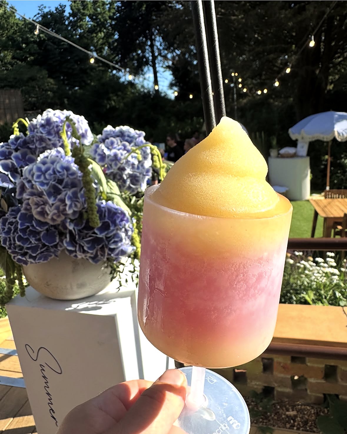 Frozen cocktail held up in a garden lit with festoon lights
